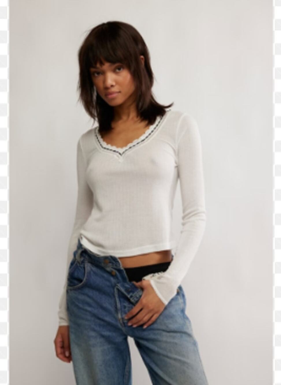Intimately Free People Large White Long Sleeve V Neck Top Lace Ribbon Coquette